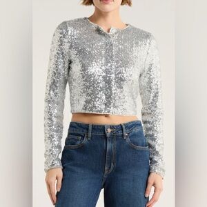 SALE! Good American
Cluster Sequin Crop Cardigan, Brand New, MEDIUM, Silver 🩶